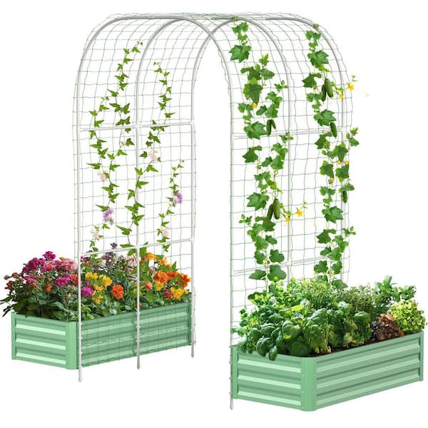 3 in 1 Raised Garden Bed w/ 87 in. H Arch Trellis for Climb Plant Metal Galvanized Planter Garden Box for Garden, Green