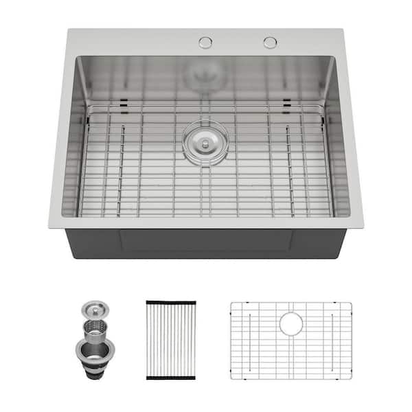 28 in. Drop-in/Topmount Single Bowl 16-Gauge Brushed Nickle Stainless Steel Kitchen Sink with Bottom Grid