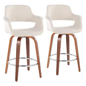 Vintage Flair 25.5 in. Cream Fabric, Walnut Wood and Chrome Metal Fixed-Height Counter Stool Round Footrest (Set of 2)