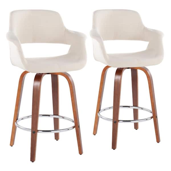 Lumisource Vintage Flair 25.5 in. Cream Fabric, Walnut Wood and Chrome Metal Fixed-Height Counter Stool Round Footrest (Set of 2)