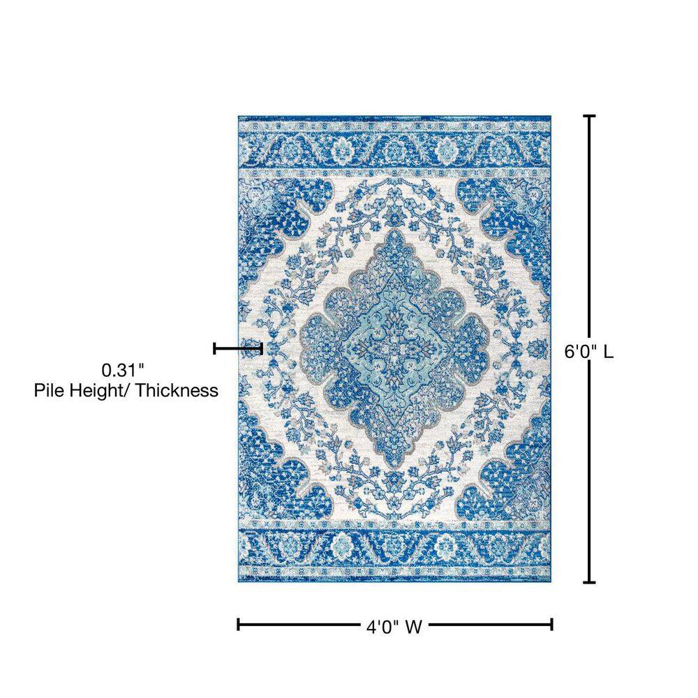 Reversible Cream/Blue Synthetic 4' x 6' Vintage Medallion Rug