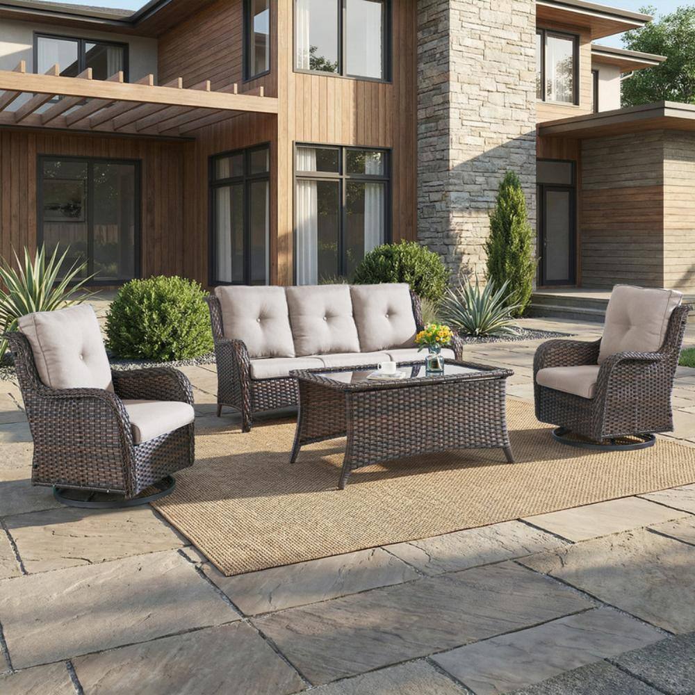 Wellcane 4-Piece Brown Wicker Patio Conversation Set Outdoor Sofa Set with Swivel chair and Olefin Beige Cushions price history on PriceWatchPro