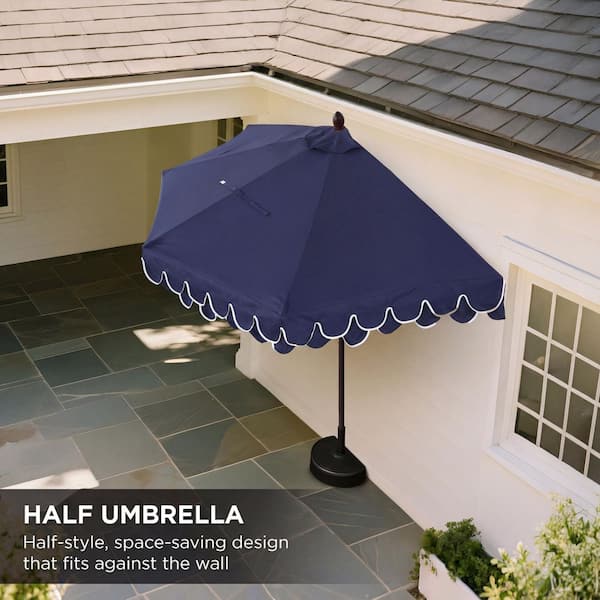 classic design patio umbrella Terrace Arc 9 ft Scalloped Fringe Market Patio Half Umbrella with Crank, Tilt Button and UV Protection Navy/Brown Pole