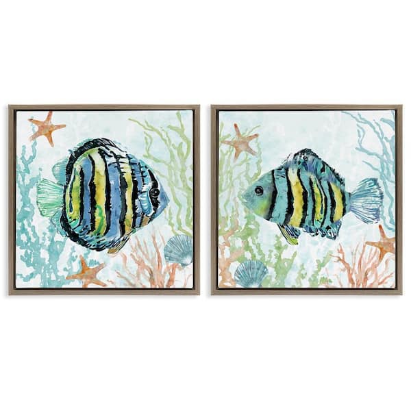 Stupell Industries Aquatic Striped Fish by Carol Robinson 2-Pieces Brown Floater Frame Animal Graphic Art Print 25 in. x 25 in.