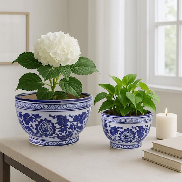 Liv & Skye 9 in. and 11 in. Blue Ceramic Bowl Chinoiserie Decorative  Planters (Set of 2) 19140-01