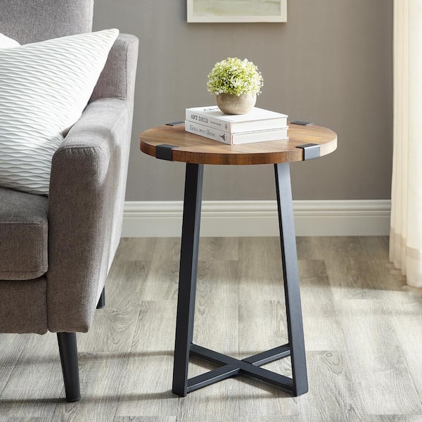 Rustic Oak Urban Industrial Wood, Round Wooden And Metal Side Table