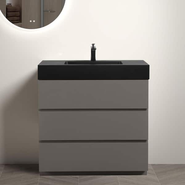 Ziyudura 36 in. Single Sink Freestanding Gray Bath Vanity with Black Engineered Stone Top (Assembled), 3 Soft-closing Drawer