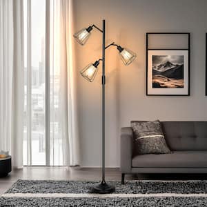 69 in. Black Classic Industrial 3-Light Adjustable Energy Efficient LED Tree Floor Lamp with Black Metal Cage Shades