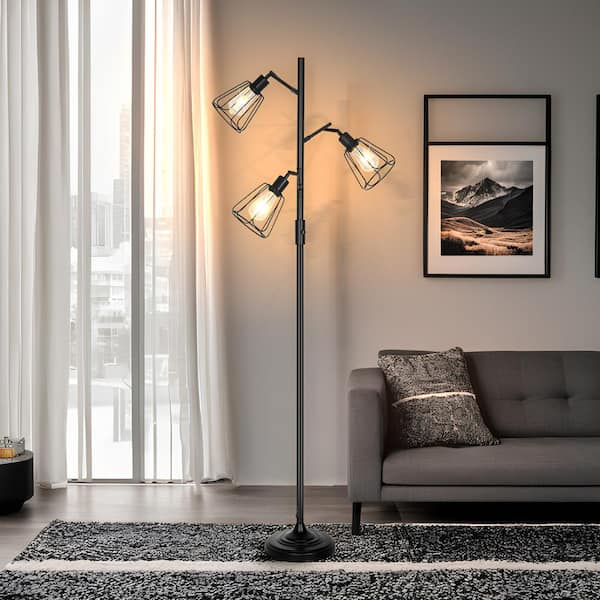 TOZING 69 in. Black Classic Industrial 3-Light Adjustable Energy Efficient LED Tree Floor Lamp with Black Metal Cage Shades