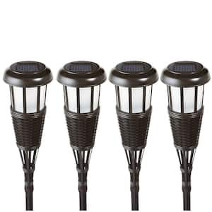 4 Pack Black Rattan Solar Torch Light with Flickering Flame Waterproof Bamboo Tiki Torches for Patio Yard Garden
