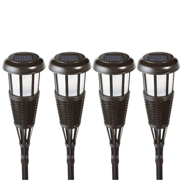 4 Pack Black Rattan Solar Torch Light with Flickering Flame Waterproof Bamboo Tiki Torches for Patio Yard Garden