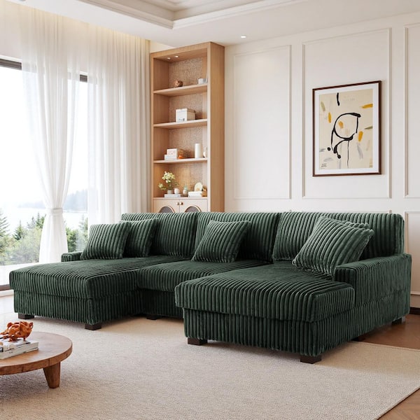 118.31 in. W Square Arm 3-piece Faux Rabbit Fur Fabric Upholstered U-Shaped Modular Sectional Sofa in Green