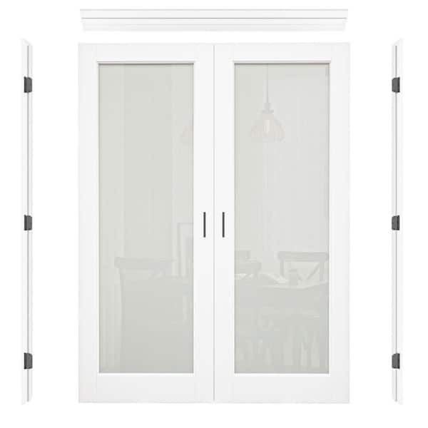 ARK DESIGN 64 in. x 80 in. 1-Lite Frosted Glass Universal White Solid Core MDF Double Prehung French Door+Separate Jamb&Ball Catch