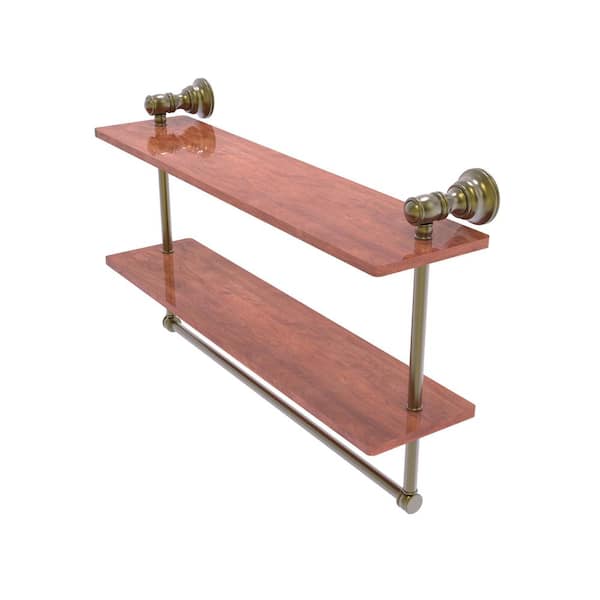 Allied Brass Carolina Collection 22 in. W 9.5 in. H x 5.54 in. D Brass Rectangular Double Wood Shelf with Towel Bar in Antique Brass