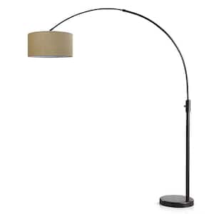 Orbita 82 in. Dark Bronze Furnish LED Dimmable Retractable Arch Floor Lamp, Bulb Included with Drum Brown Shade