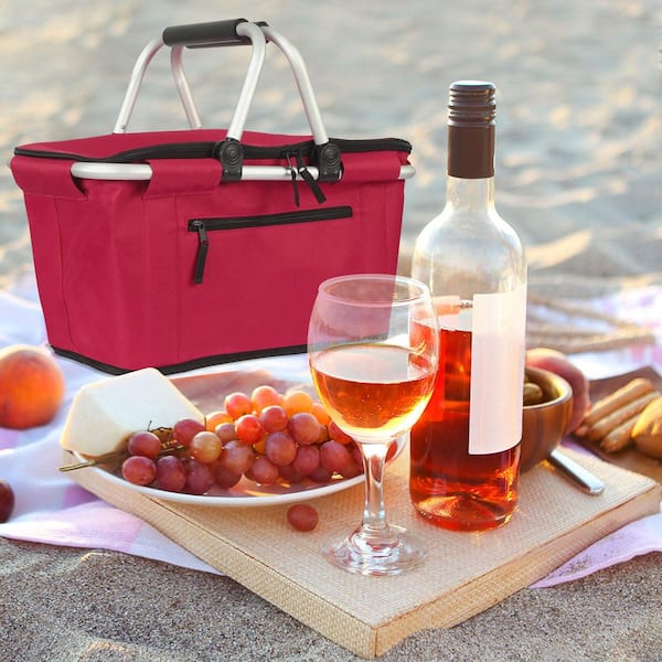 Numhew Red Picnic Basket, Collapsible Shopping Basket with Handles