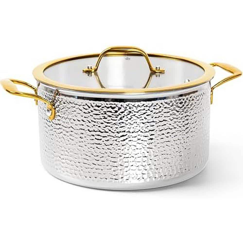 Triply Stainless Steel Stock Pot with Lid, Hammered Design 6 qt