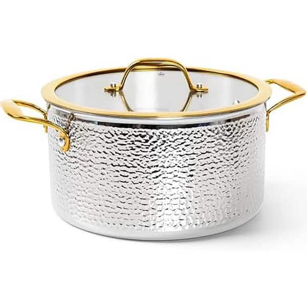 Triply Stainless Steel Stock Pot with Lid, Hammered Design 6 qt. Capacity, Golden Handles, Induction Compatible
