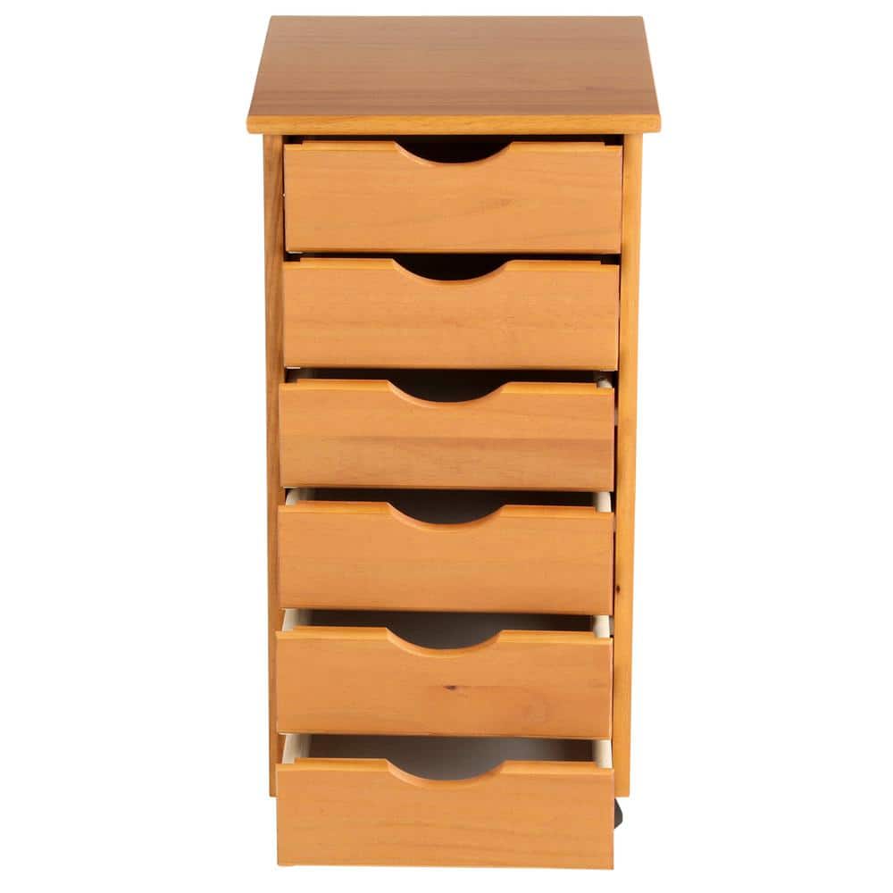 Compact Wooden Sewing Cart with 6 Drawers and Rolling Wheels, Tan Brown