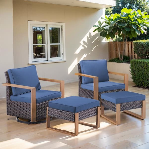 Gymojoy Allcot 4-Piece Brown Patio Swivel Chair with Ottoman Wicker Outdoor Rocking Chair with CushionGuard Blue Cushions