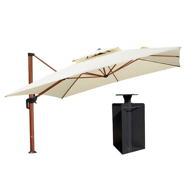 PURPLE LEAF 12 ft. Square High-Quality Wood Pattern Aluminum Cantilever Polyester Patio Umbrella with Base in Ground, Cream