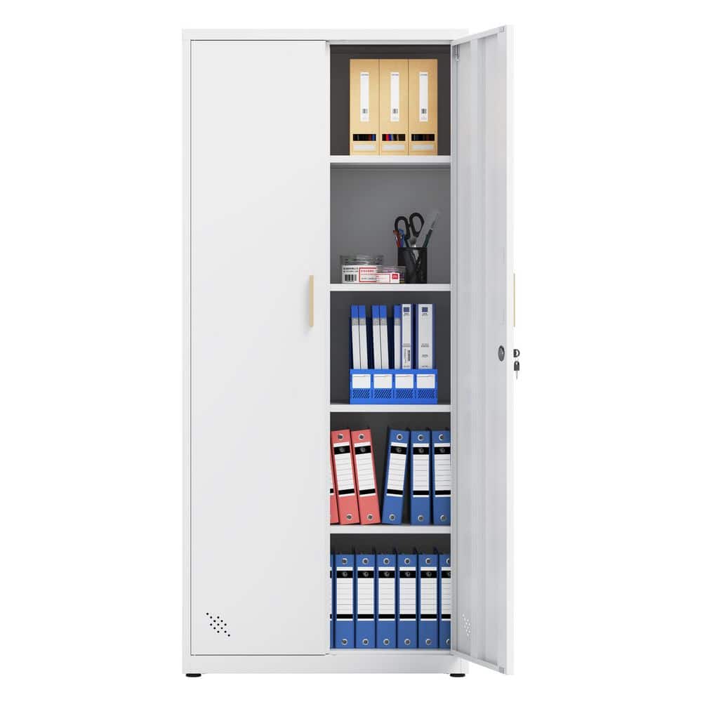 White Metal Storage Cabinet with 2-Doors and 4 Shelves