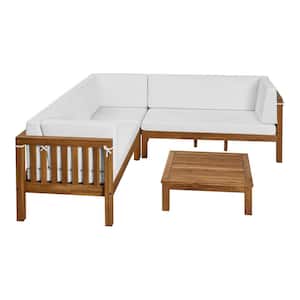 Ayrshire Natural Brown Patio 4-Piece Wood Outdoor Sectional Set with CushionGuard White Cushions