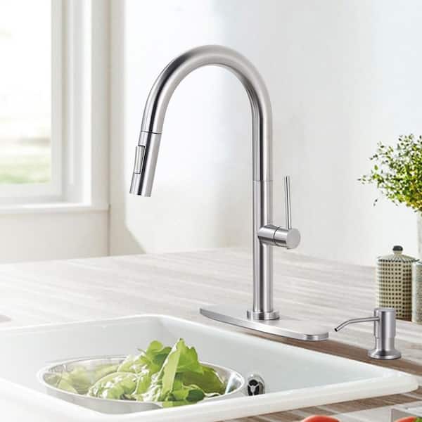 15.3 in. Single Handle Pull Down Sprayer Kitchen Faucet with Soap Dispenser and 360° Spout Swivel in Brushed Nickel