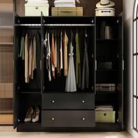 FUFU&GAGA Black Wood Grain 63 in. W 4-Door Big Armoires With Mirror, 2 Hanging Rods, 2 Drawers, Storage Shelves (70.9 in. H) KF330062-056