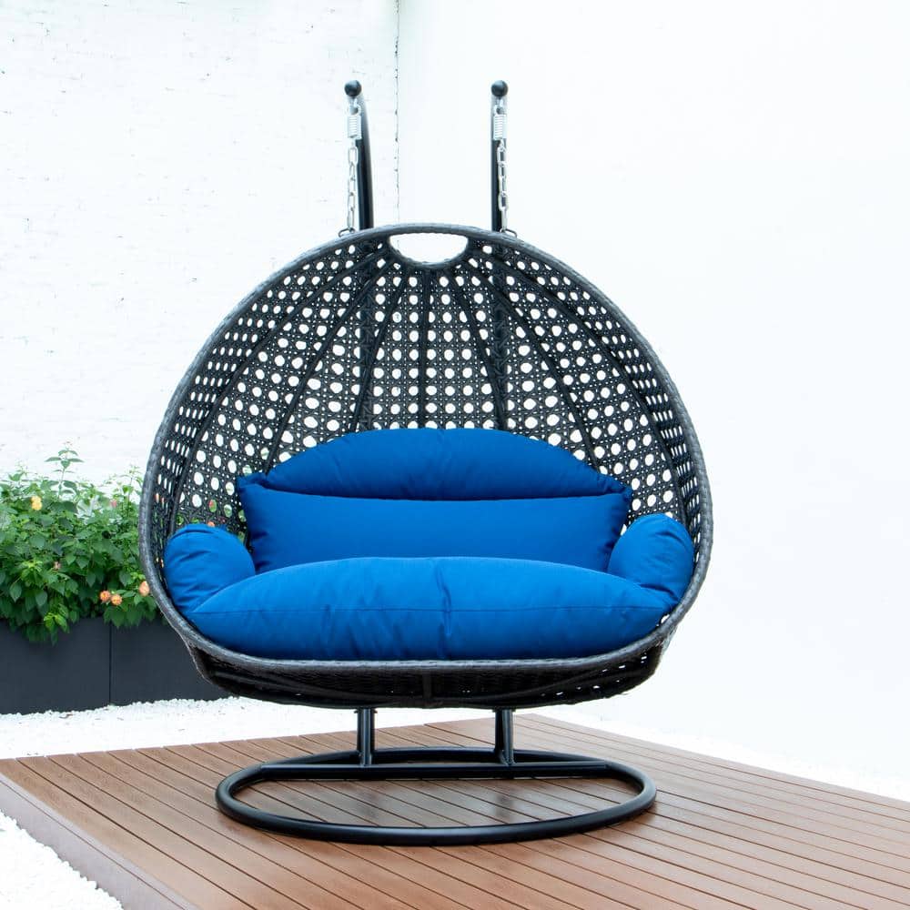 Charcoal Wicker Hanging Egg Chair with Blue Cushions