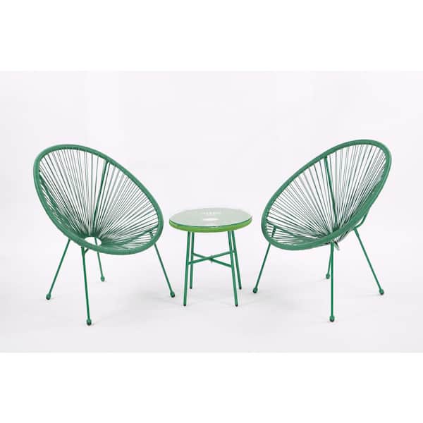 Unbranded All Weather Green 3-Piece Sling Patio Conversation Set with Side Table Outdoor Flexible Rope Furniture Rattan Chair Set