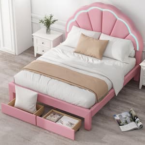 Pink Wood Frame Full Size PU Leather Upholstered Platform Bed with Seashell LED Lighted Headboard, 2-Drawer