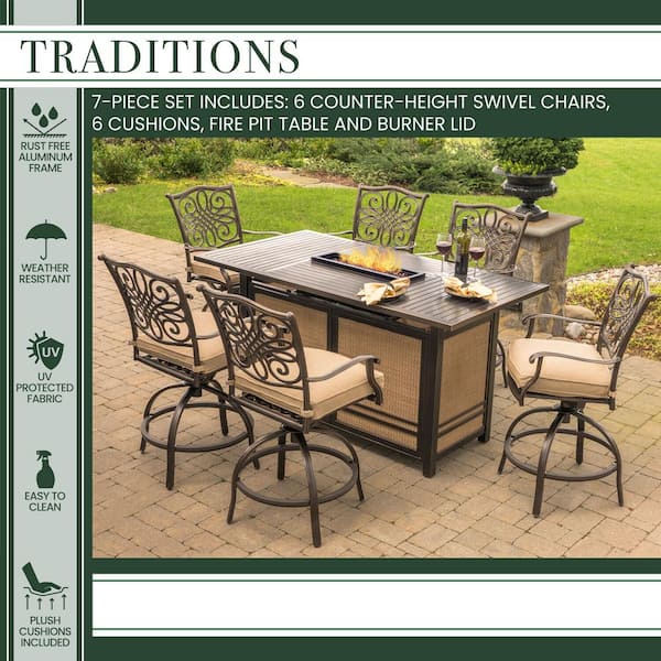 Hanover Traditions 7 Piece Aluminum, Bar Height Patio Table With Fire Pit