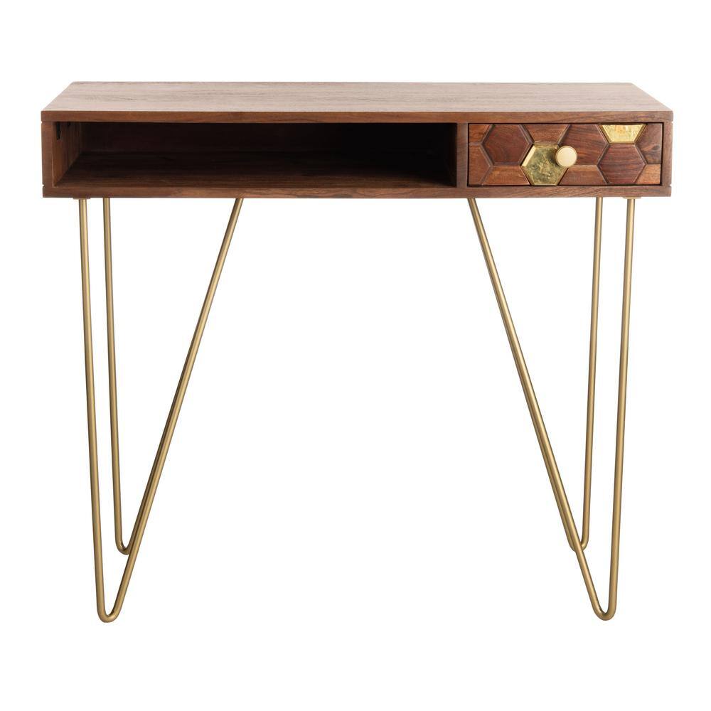 Transitional Honeycomb Carved 35" Walnut Home Office Desk with Drawer