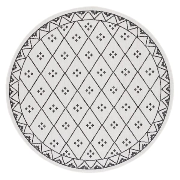 Courtyard Ivory/Black 7 ft. x 7 ft. Diamond Lattice Indoor/Outdoor Round Area Rug