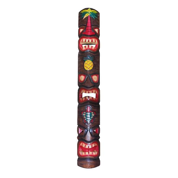 60 in. 3 Face Pineapple and Palm Tiki Mask Wood Outdoor Garden Statue Decoration