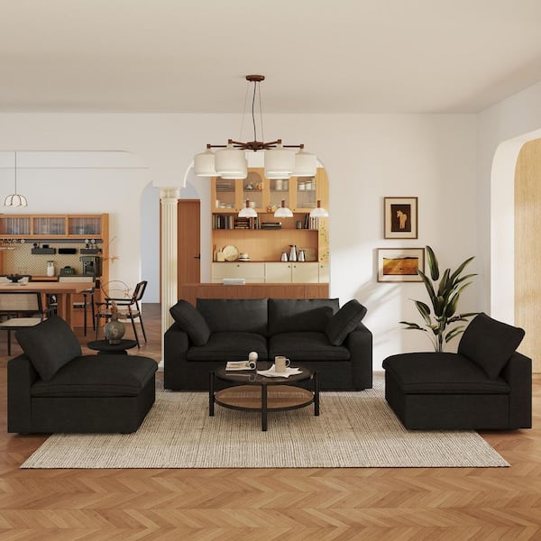 Deep Seat Cloud Couches 4-Piece Black Linen Convertible Living Room Set Loveseat and Sofa in Black with Washable Covers