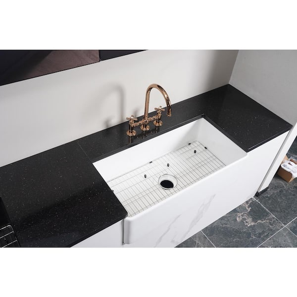 Unbranded White Fireclay 33 in. Single Bowl Farmhouse Apron Workstation Kitchen Sink with Bottom Grid and Strainer