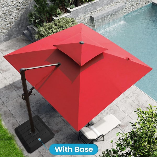 Crestlive Products 10 ft. x 10 ft. Double Top Cantilever Patio Umbrella in Red with 4-Piece 220 lbs. HDPE Base