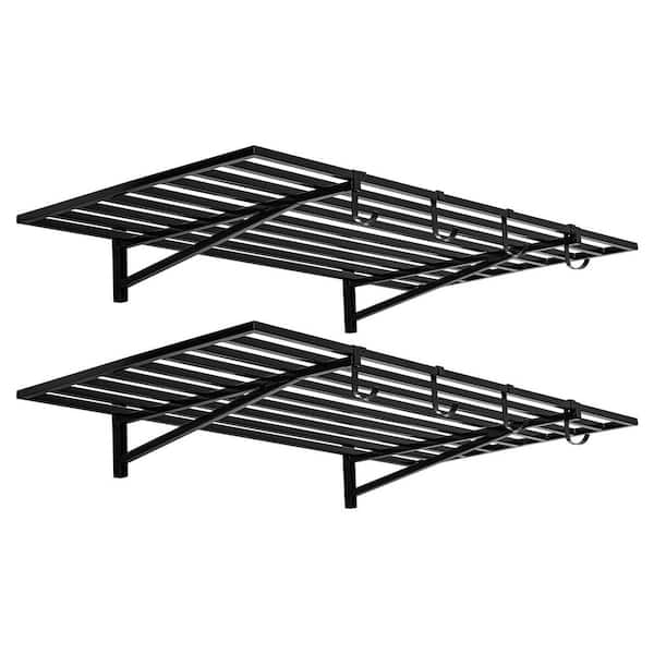 2-Pack, 27 in. W x 46.5 in. D Garage Wall Shelf, Heavy Duty Wall Shelves-Black, 200lb. Capacity with 8 Hooks