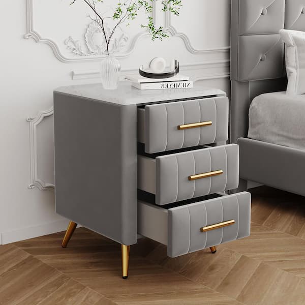 Harper & Bright Designs Gray Wooden 3-Drawer 16.3 in. W Velvet Upholstered Nightstand with Marbling Worktop, Metal Legs and Handles