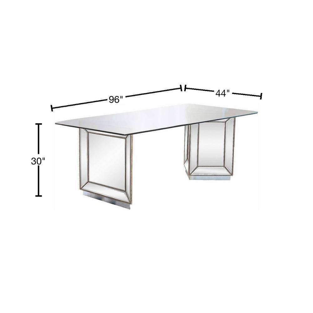Nicolette Transitional 96" Mirrored Silver Dining Table with Glass Top