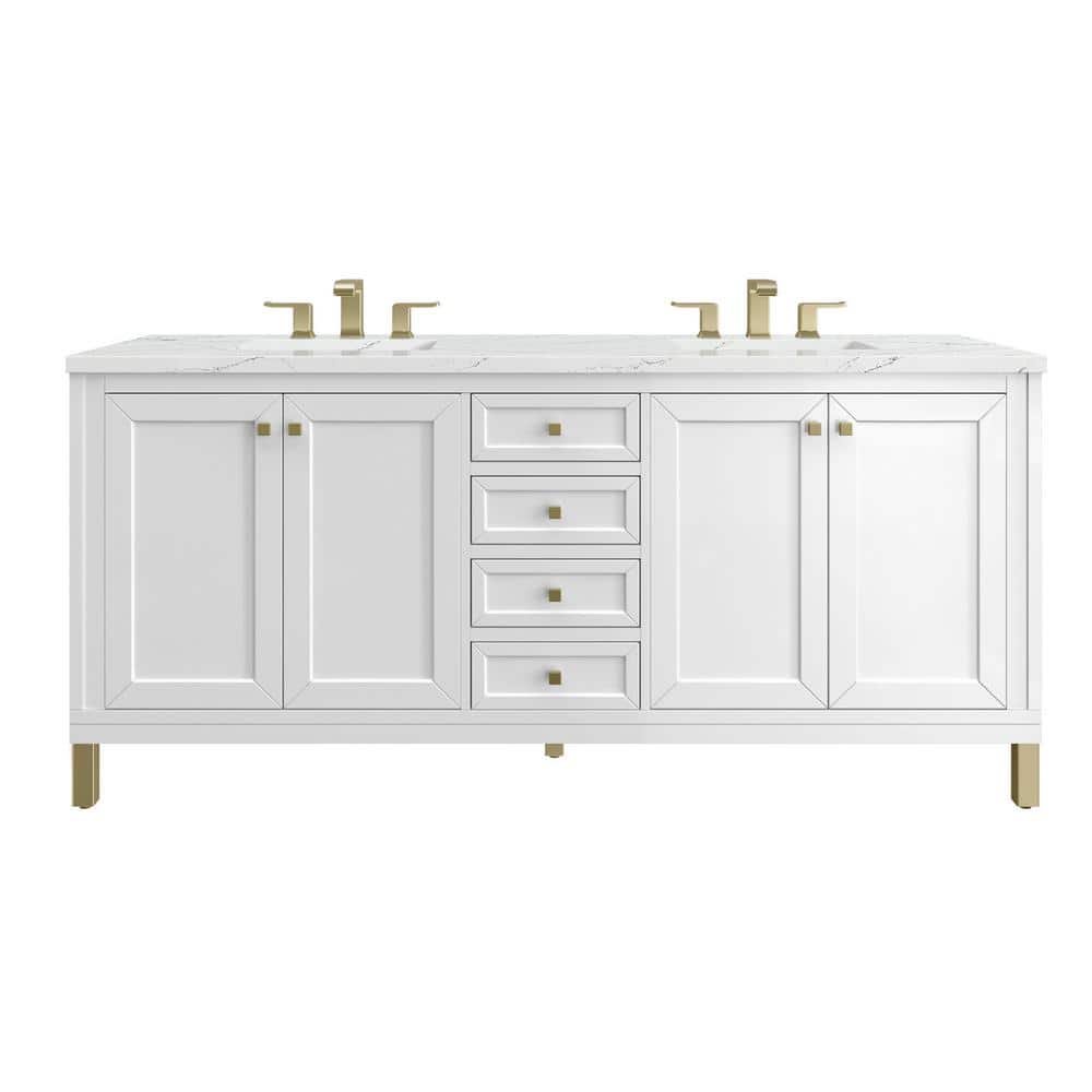 James Martin Vanities Chicago 72.0 in. W x 23.5 in. D x 34 in . H Bathroom Vanity in Glossy White with Ethereal Noctis Quartz Top -  305-V72-GW-3ENC