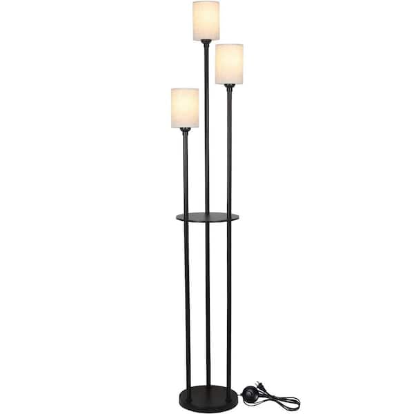 Avex 66.3 in. Black Modern 3-Light Foot Switch Standard Floor Lamp with Linen Shade and Shelves