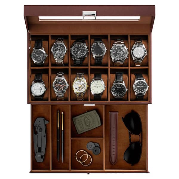 Unbranded 12-Slot Men's Faux Leather Watch Box with Drawer and Glass Lid, 2-Layer Organizer, Brown 13.39 in. x 7.48 in. x 5.31 in.