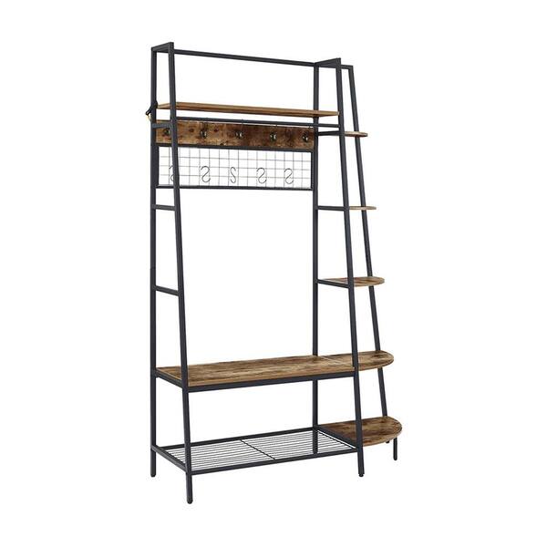 Amucolo Brown Entryway Coat Rack Hall Tree with Bookshelves; Multiple Hooks and Bench Seat