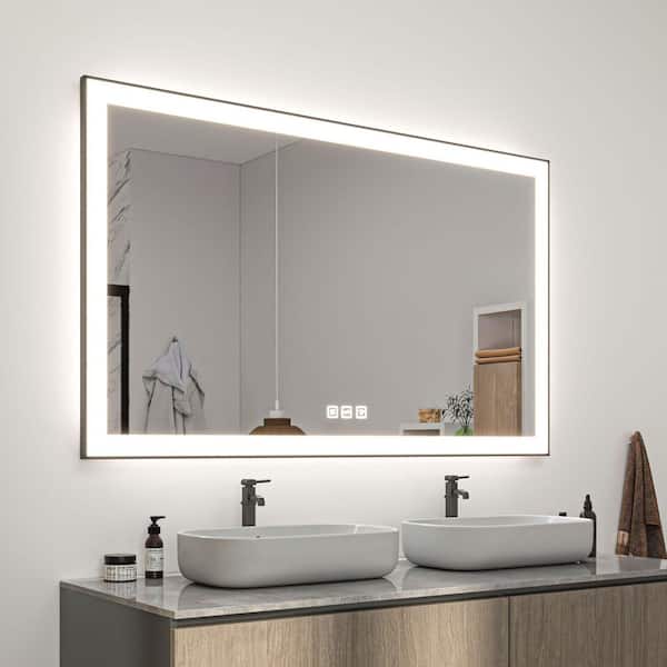 60 in. W x 40 in. H Rectangular Framed LED Anti-Fog Wall Mirror in Black with Backlit and Front Light