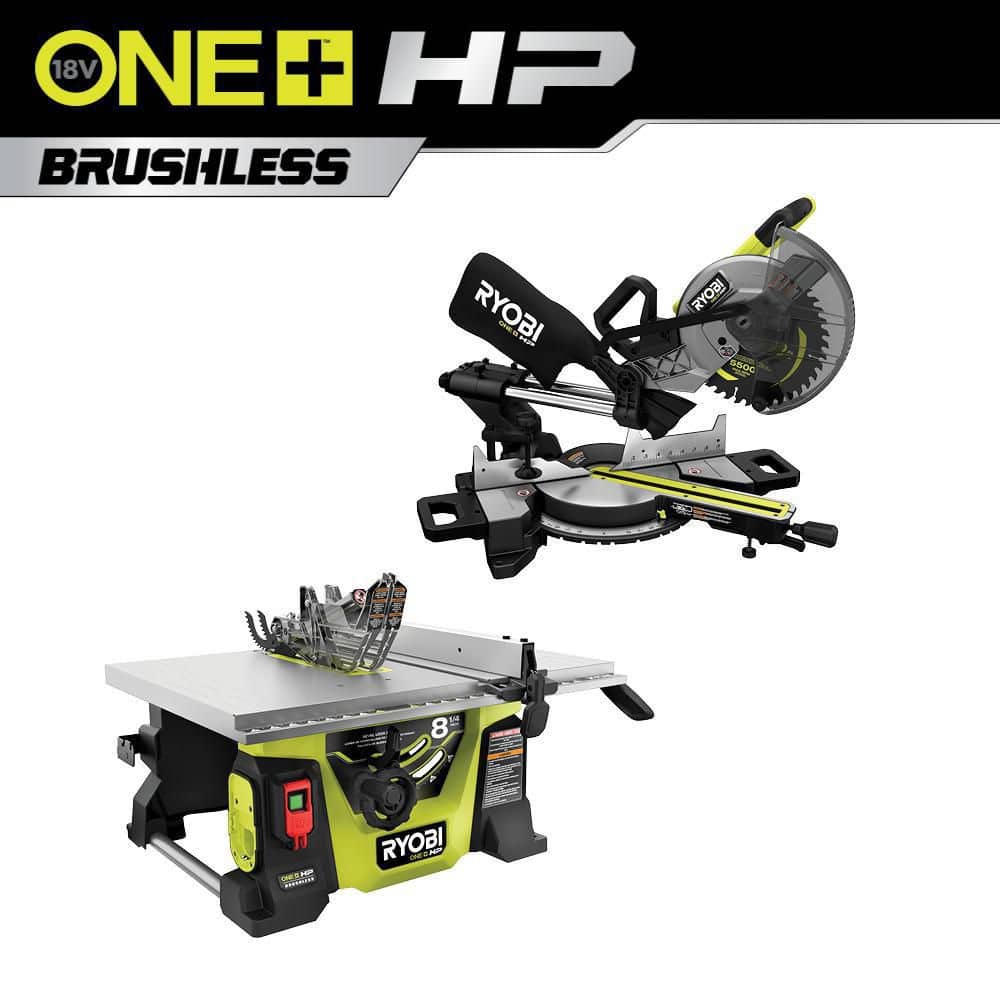 RYOBI ONE+ HP 18V Brushless Cordless 2-Tool Combo Kit with Miter Saw and Compact Portable Jobsite Table Saw (Tools Only) -  PBLMS01PBLTS01