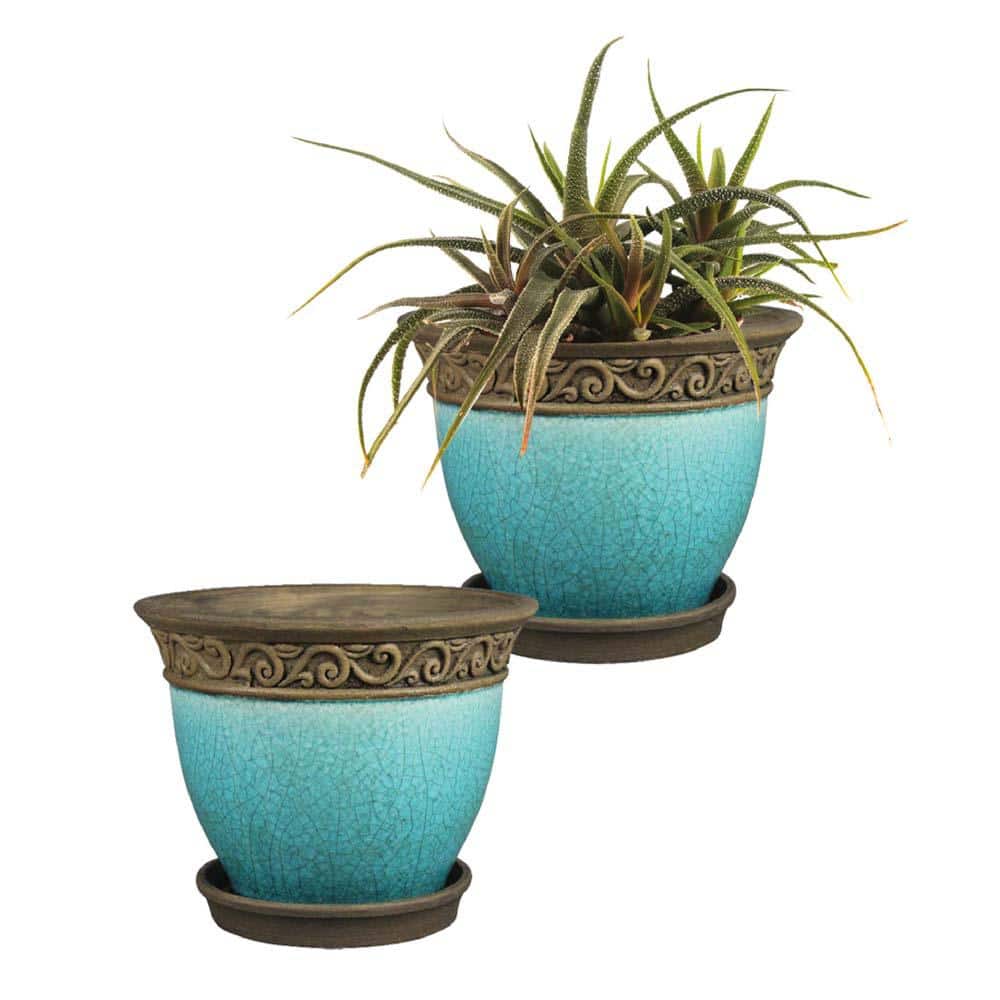 6 Inch Beige & Brown Ceramic Embossed Plant Pots, Set of 2
