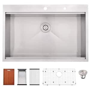 Brushed Nickel Stainless Steel 30 in. Single Bowl Drop-In Workstation Kitchen Sink with Accessoreis